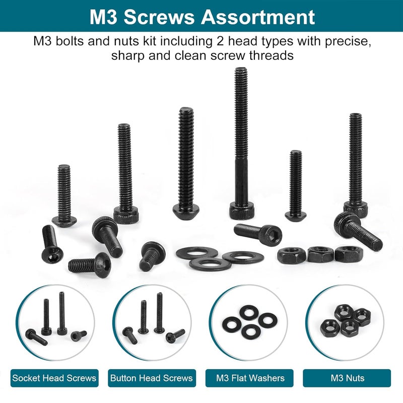 SATANTECH 1590Pcs M3 Screw Kit, Hex Button and Socket Head Bolts and Nuts Washers Set, 12.9 Grade Alloy Steel M3 Screw Assortment Kit for 3D Printing - Image 5